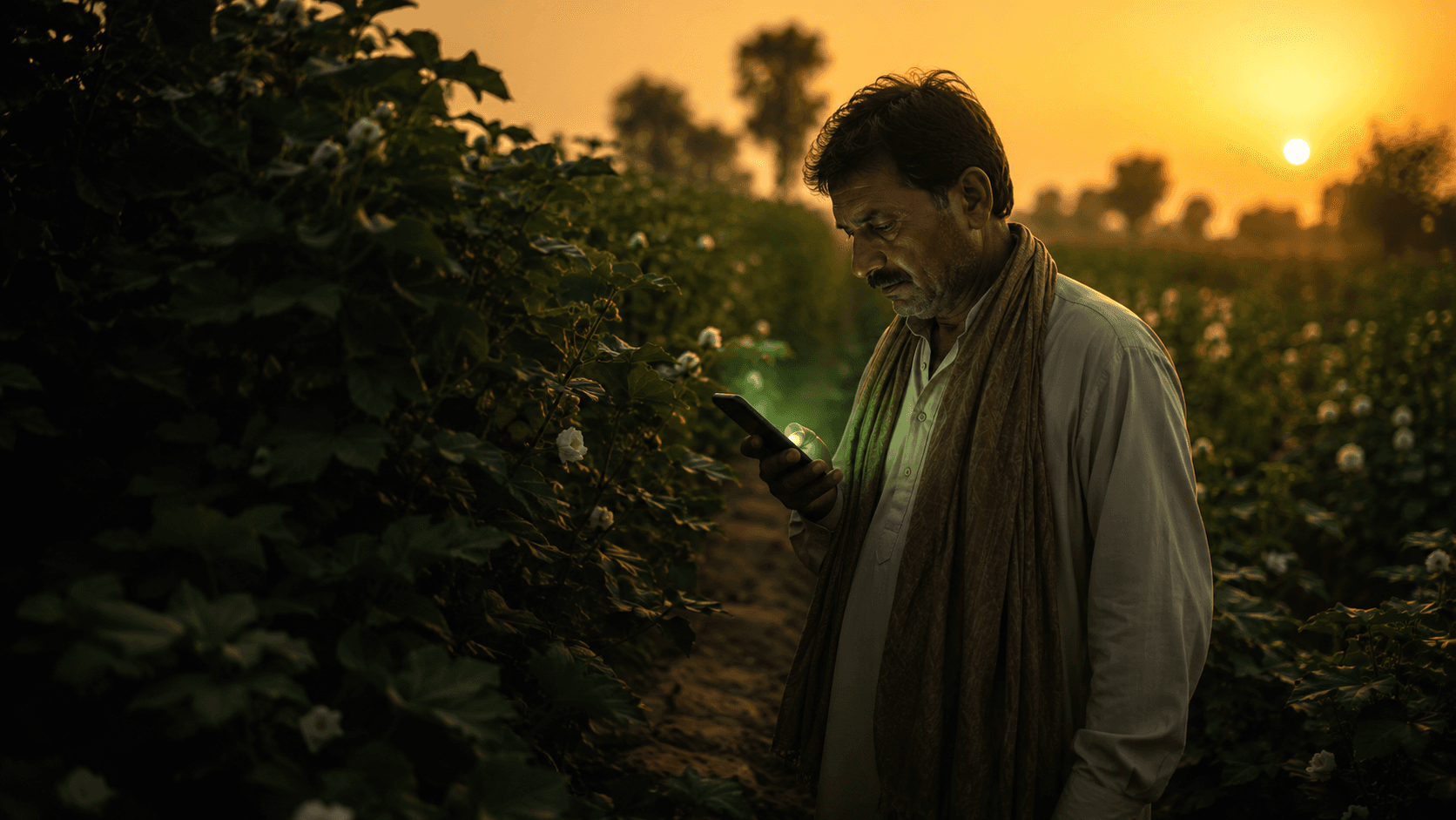Farmer using AgriSense AI assistant in cotton field